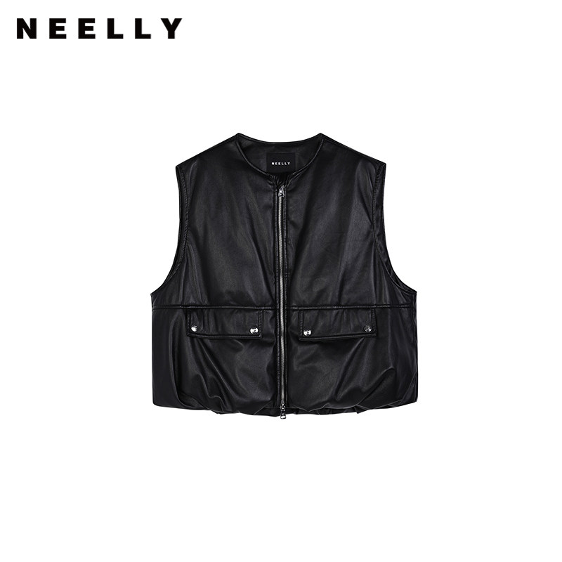 NEELLY纳俪商场同款冬季新款PU羽绒服马甲女黑色圆领宽松保暖外套