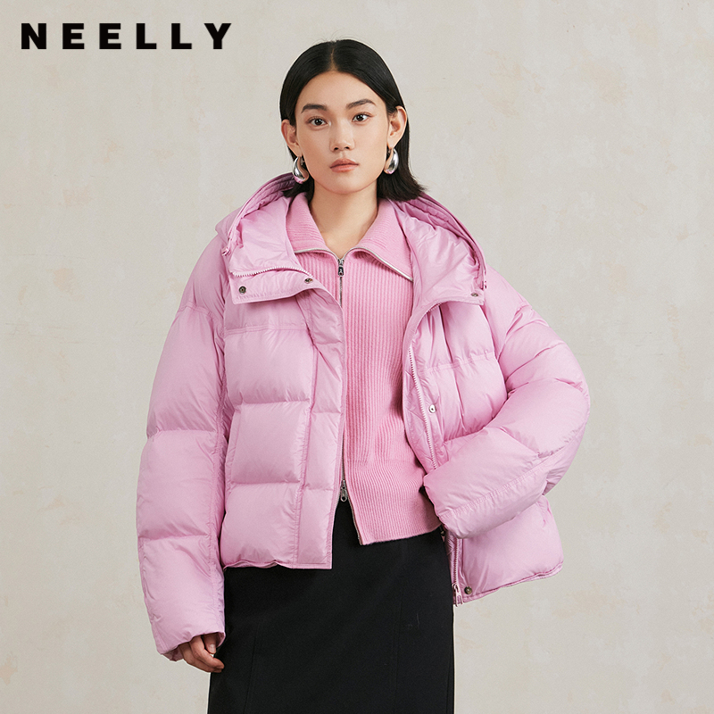 NEELLY纳俪商场同款冬新款时尚廓形面包服女白鸭绒连帽羽绒服外套