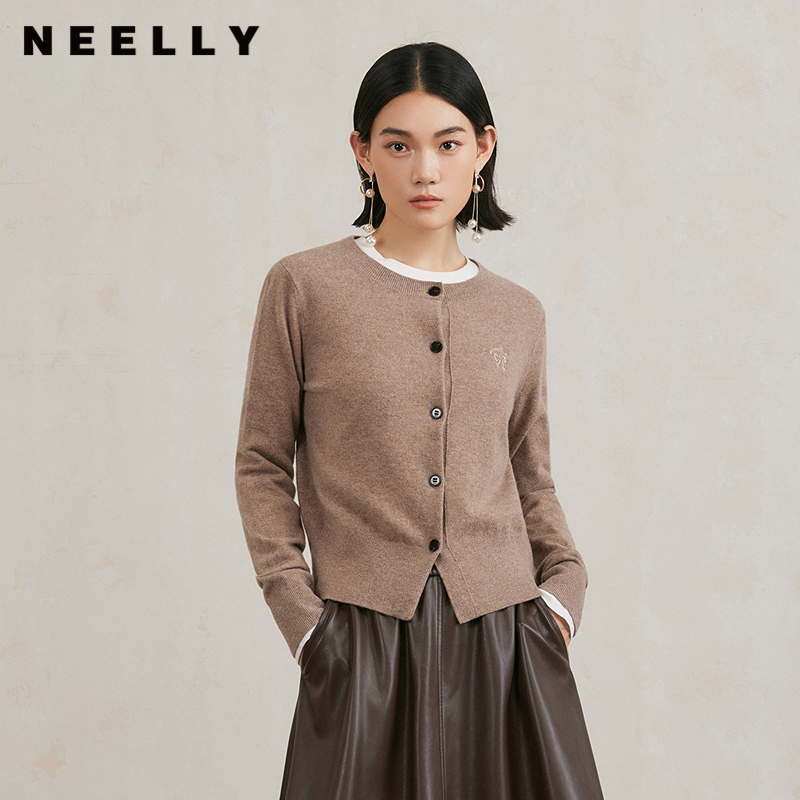 NEELLY纳俪商场同款冬新款100%绵羊毛修身针织开衫女气质通勤毛衣