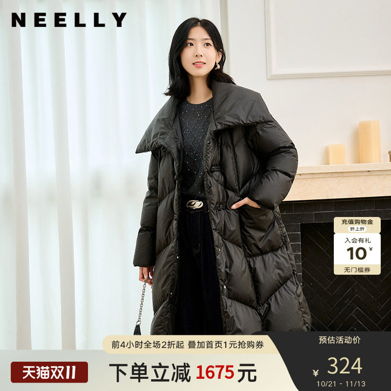 NEELLY纳俪商场同款冬季新款大翻领90%鸭绒中长款保暖羽绒服女