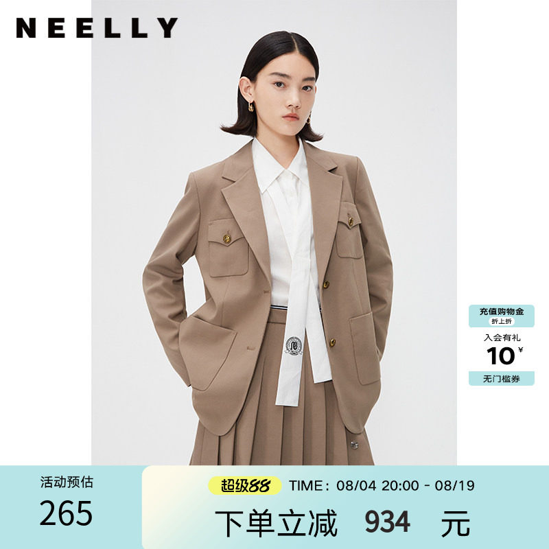 NEELLY纳俪商场同款春秋款英伦风西装外套女韩版金扣挺阔小西服