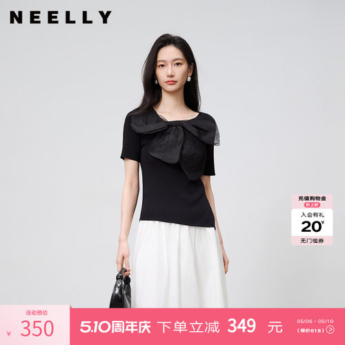 NEELLY纳俪商场同款夏新款法式气质蝴蝶结针织衫女修身显瘦短上衣