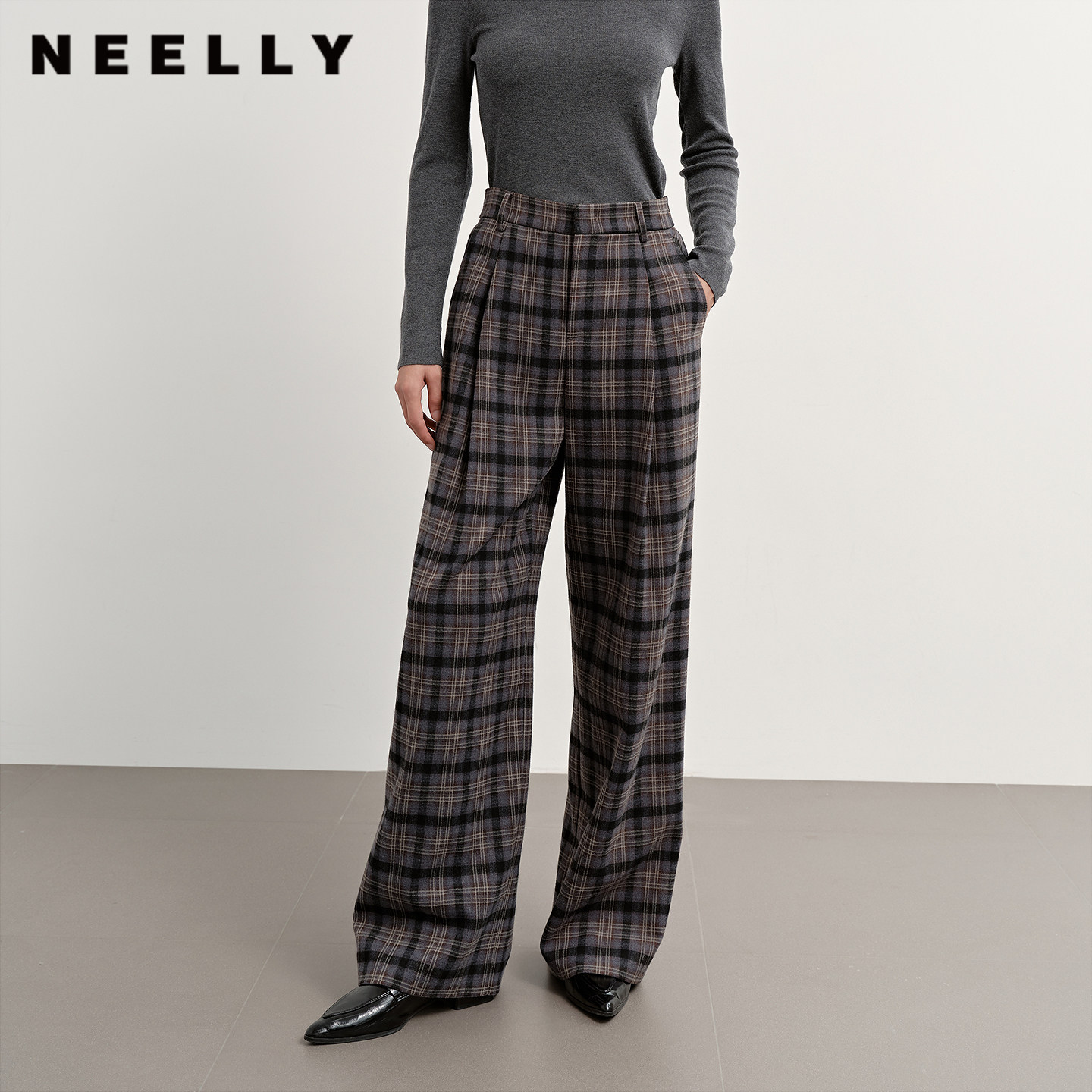 NEELLY纳俪商场同款冬季新款复古格纹休闲阔腿裤女百搭时髦长裤