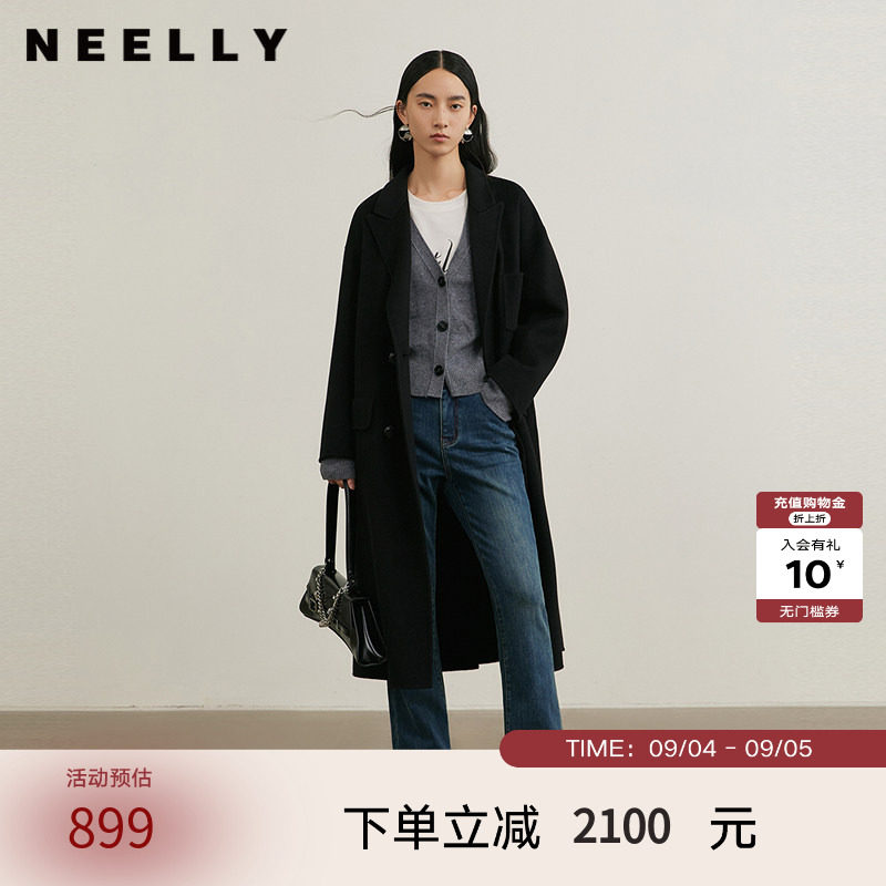 NEELLY纳俪商场同款冬新款绵羊毛长款气质简约大衣女随性慵懒外套