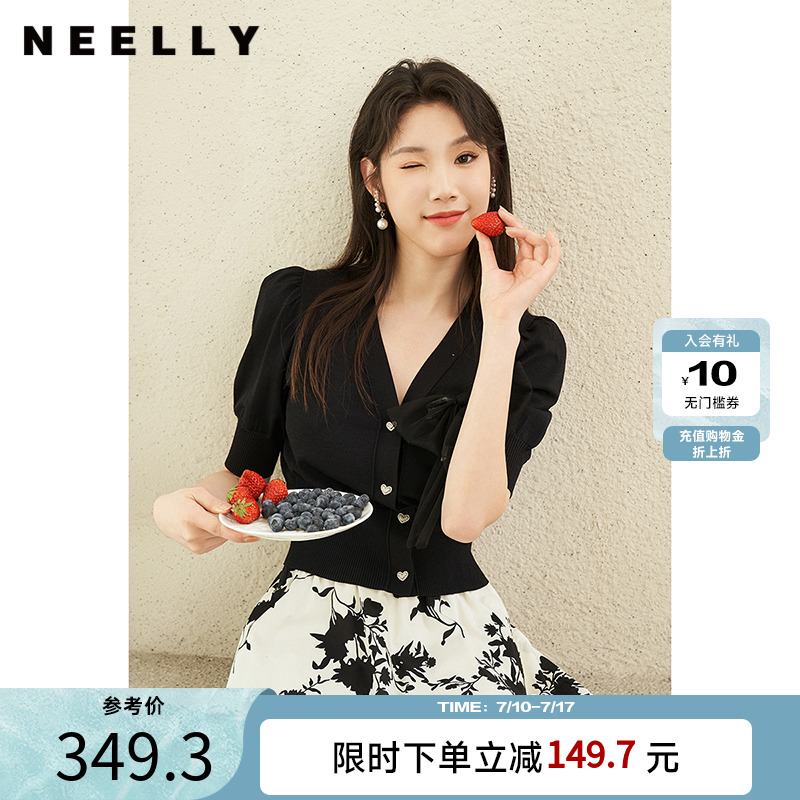 NEELLY纳俪商场同款夏季新款V领显瘦短袖针织衫女黑色修身上衣
