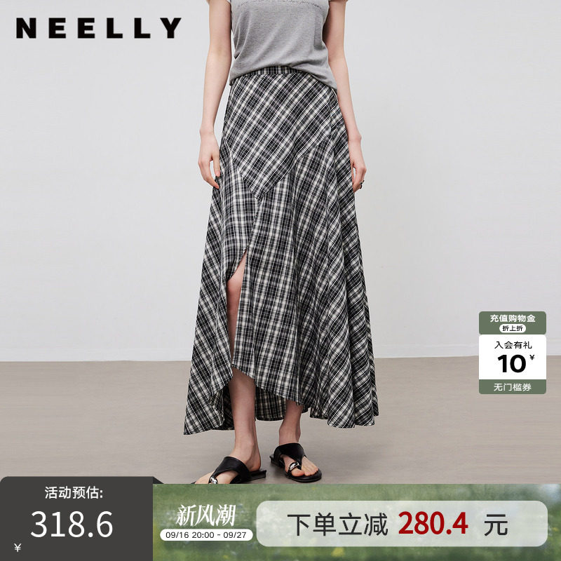 NEELLY纳俪商场同款夏新款不规则格纹开衩半裙女复古感大摆中长裙