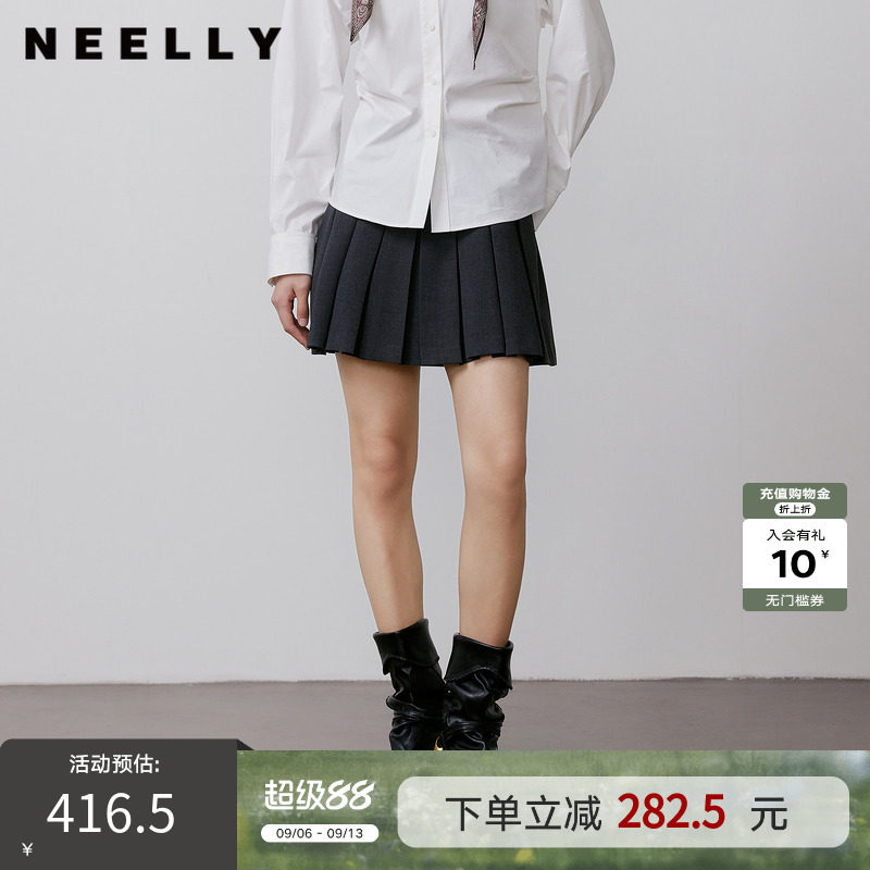 NEELLY纳俪商场同款秋季新款经典学院风减龄百褶裙女气质百搭短裙