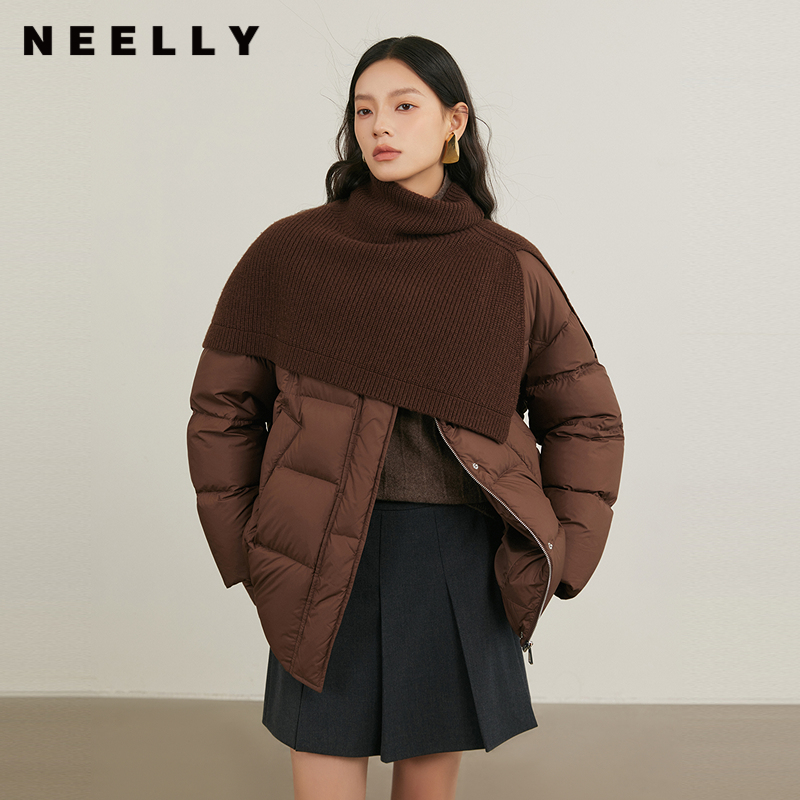 NEELLY纳俪商场同款冬新款复古显白中长款保暖外套女白鸭绒羽绒服