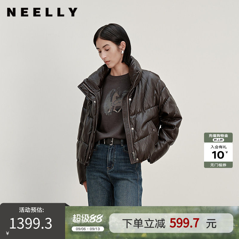 NEELLY纳俪商场同款冬季新款休闲廓形皮质羽绒服女时尚保暖外套