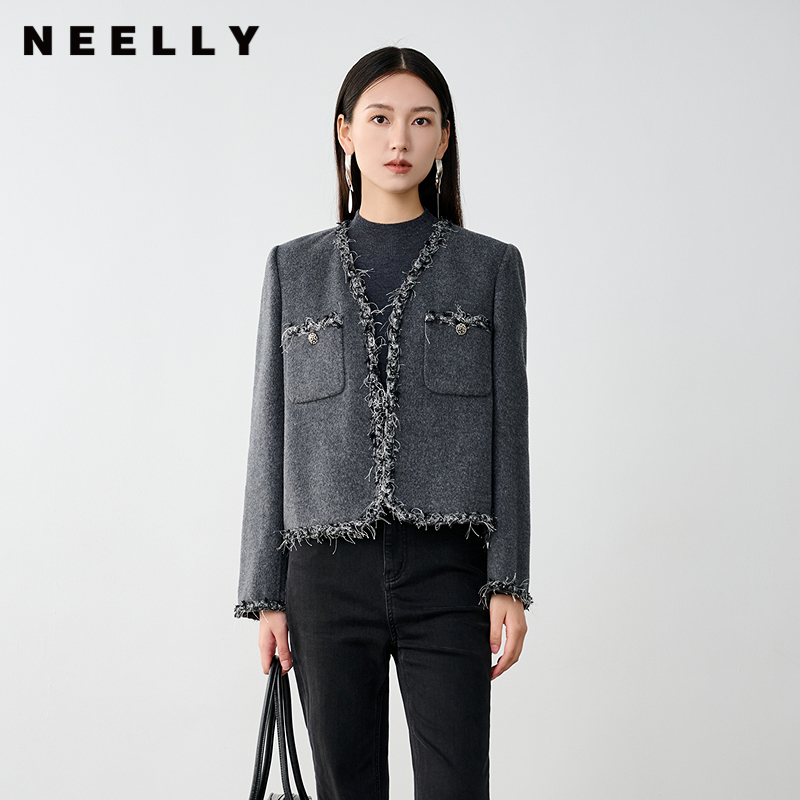 NEELLY纳俪商场同款冬新款小香风绵羊毛通勤短款灰色双面呢大衣女