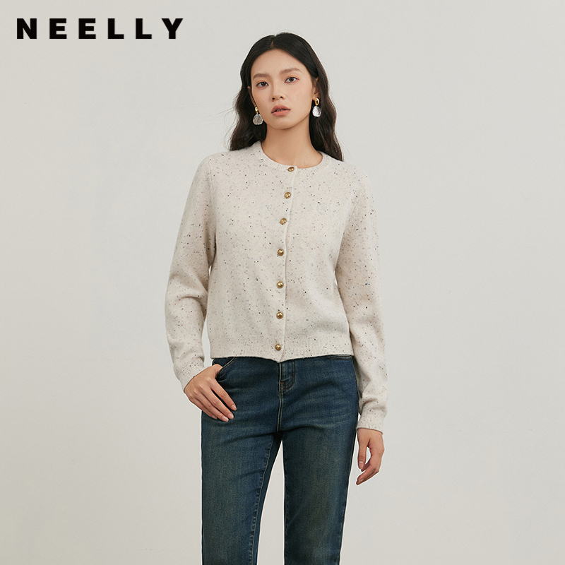 NEELLY纳俪商场同款冬季新款百搭舒适羊毛针织开衫女简约修身毛衣
