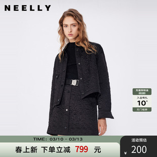 NEELLY纳俪春秋新款商场同款通勤黑色百搭翻领短款棉服外套女上衣