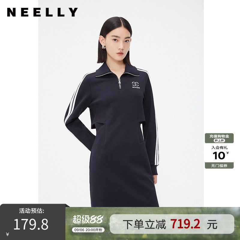 NEELLY纳俪商场同款卫衣连衣裙女春秋polo领休闲收腰镂空中长裙