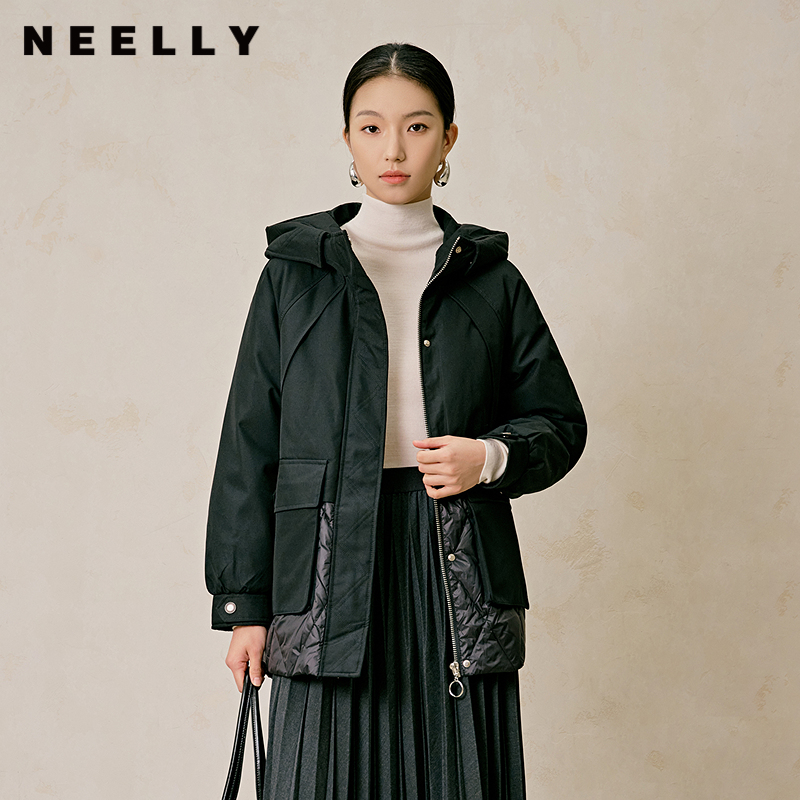 NEELLY纳俪商场同款冬季新款设计感拼接连帽外套女简约保暖羽绒服