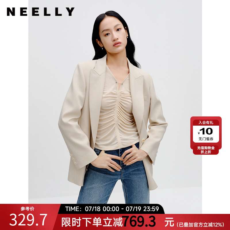 NEELLY纳俪商场同款春新款米色休闲西装外套女小众设计感职业西服