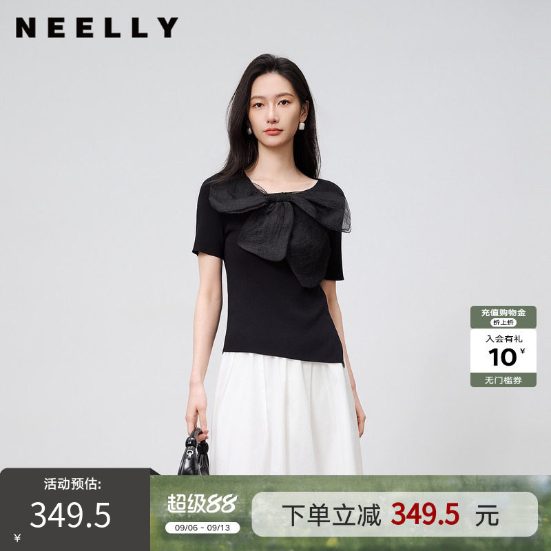 NEELLY纳俪商场同款夏新款法式气质蝴蝶结针织衫女修身显瘦短上衣