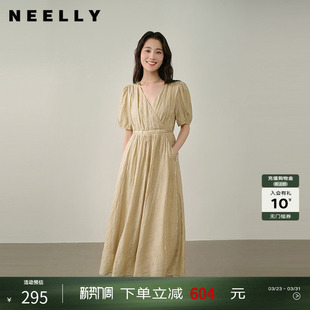 V领泡泡袖 新款 暗纹连衣裙女气质休闲长裙 夏季 NEELLY纳俪商场同款