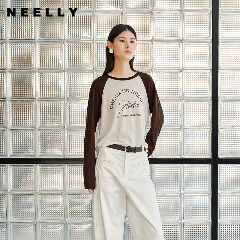 NEELLY纳俪商场同款秋冬新款印花趣味撞色T恤女百搭插肩袖上衣