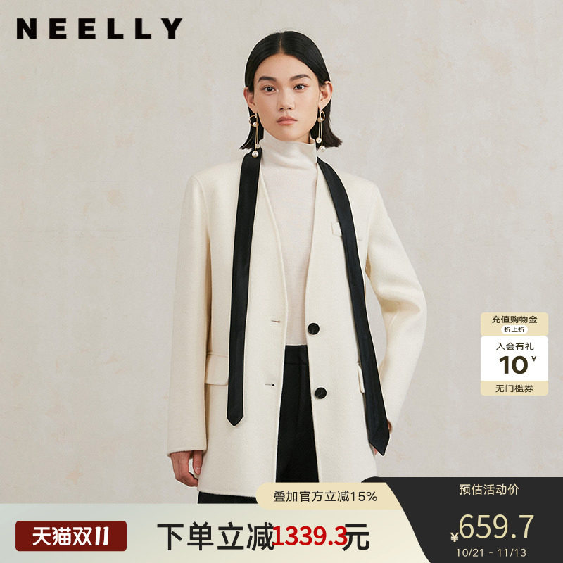 NEELLY纳俪商场同款冬季新款气质通勤一手长双面呢大衣女羊毛外套