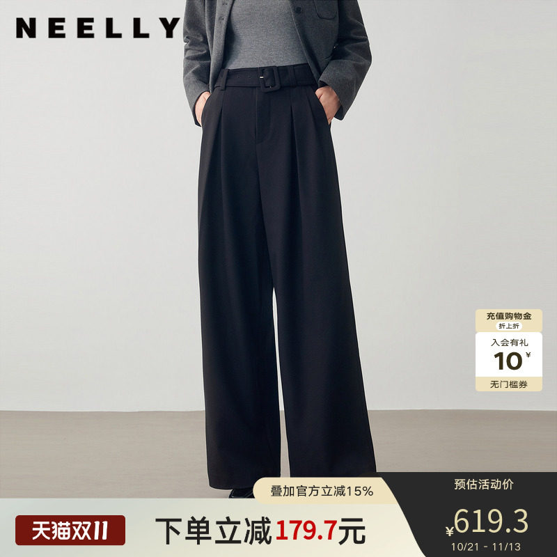 NEELLY纳俪商场同款冬季新款高腰压褶阔腿西裤女宽松休闲垂感长裤