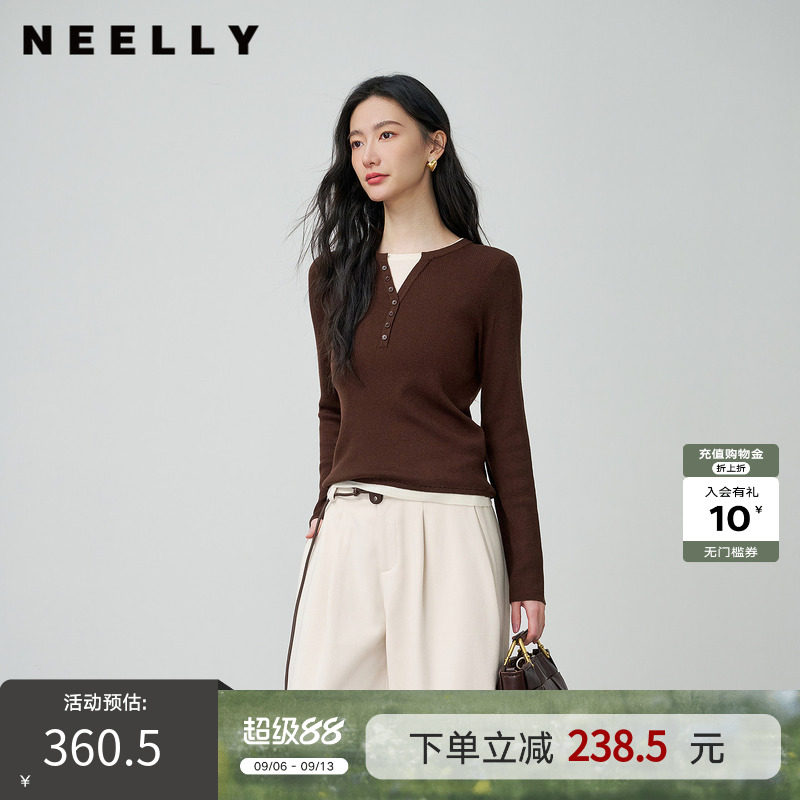 NEELLY纳俪商场同款秋季新款时尚修身假两件针织衫女显瘦休闲上衣