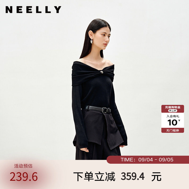 NEELLY纳俪商场同款春秋新款亲肤优雅一字肩针织衫女显瘦舒适上衣
