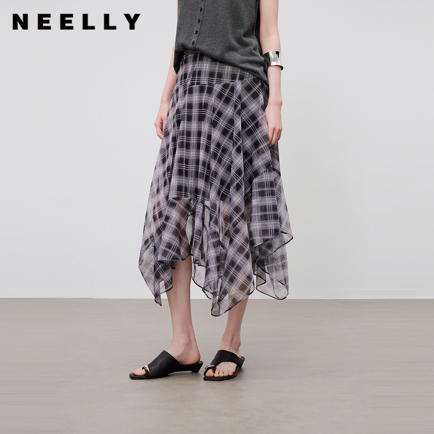 NEELLY纳俪商场同款夏新款设计感不规则格纹雪纺裙女百搭休闲半裙