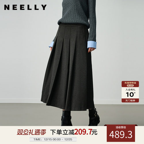 NEELLY纳俪商场同款冬季新款休闲通勤百褶半身裙女优雅百搭中长裙