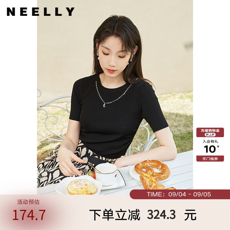 NEELLY纳俪商场同款夏季新款黑色针织衫女圆领百搭短袖修身套头衫