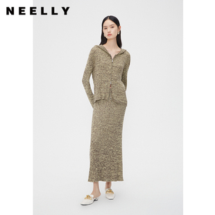 套装 NEELLY纳俪商场同款 女拉链时尚 春新款 针织半裙 显瘦连帽针织衫