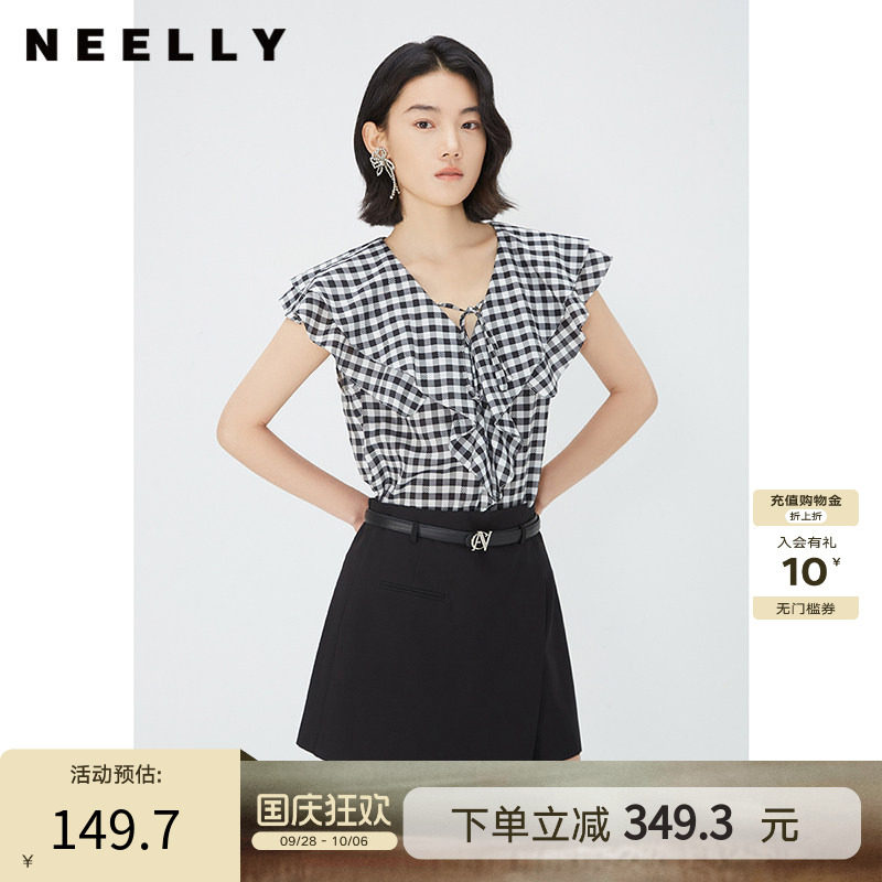 NEELLY纳俪商场同款夏新款V领荷叶边无袖衬衫女通勤经典时尚上衣