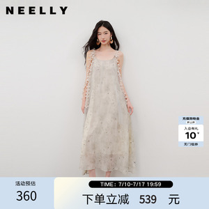 NEELLY纳俪商场同款夏新款清冷禅意吊带连衣裙女立体花朵仙气长裙
