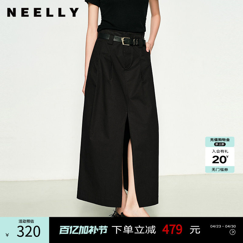 NEELLY纳俪商场同款春秋款设计感高腰黑色半身裙女开衩收腰A字裙
