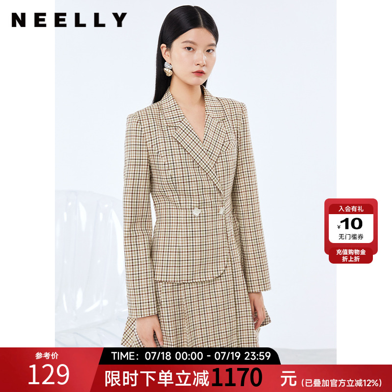 NEELLY纳俪气质复古格纹翻领西装连衣裙女中长款A字裙长袖百褶裙