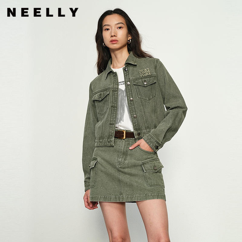 NEELLY纳俪商场同款秋冬新款复古牛仔短外套女休闲通勤上衣