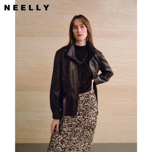 NEELLY纳俪商场同款秋新款复古立领皮衣外套女高级感宽松休闲夹克