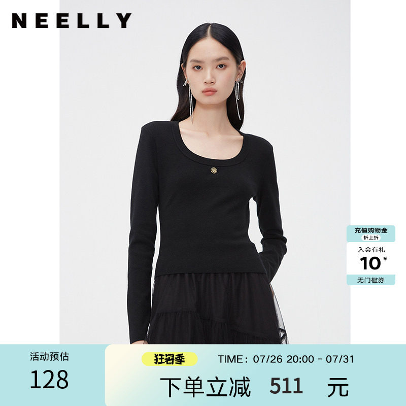 NEELLY纳俪商场同款春秋新款圆领修身纯色打底针织衫女显瘦羊毛衫