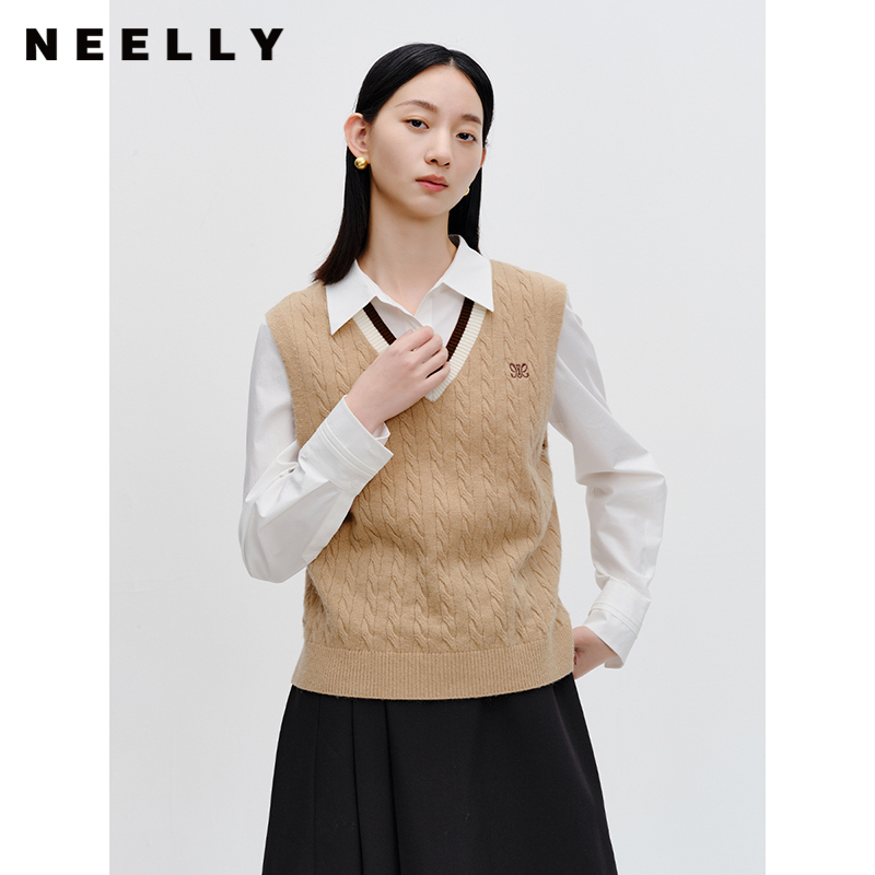 NEELLY纳俪商场同款绵羊毛针织背心女春新款纯色v领百搭叠穿 马甲