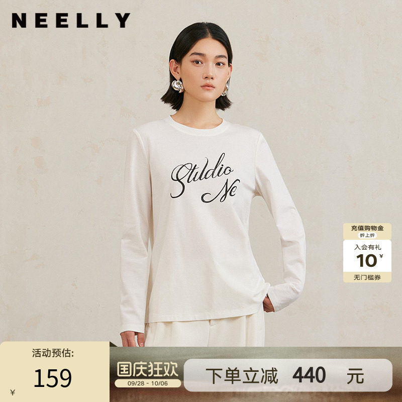 NEELLY纳俪商场同款春秋新款白色T恤女字母印花宽松圆领百搭显瘦