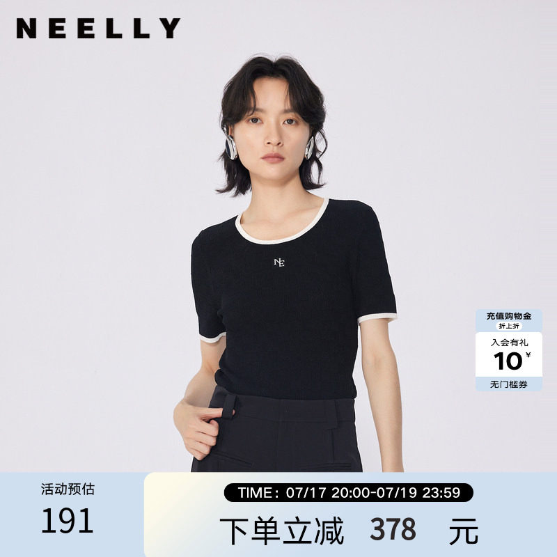 NEELLY纳俪商场同款春秋新款修身圆领短袖针织衫女简约百搭上衣