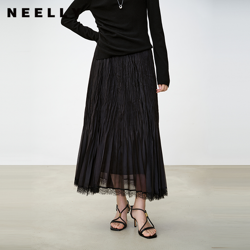 NEELLY纳俪商场同款秋冬新款气质褶皱半身裙女百搭高腰灵动长裙