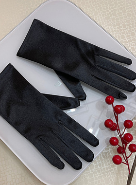 缎面手套新娘结婚复古赫本风黑色丝绒短款酒红色婚纱礼服拍照白色