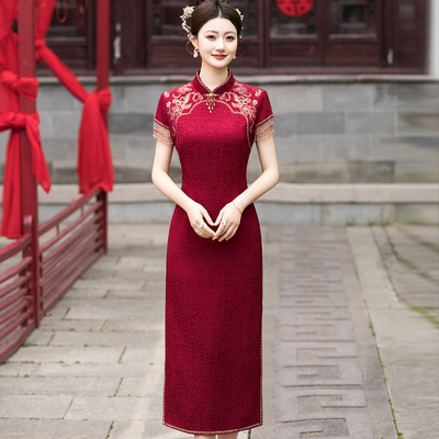 醋酸新款高端轻奢喜妈妈夏季喜婆婆礼服旗袍中式婚宴红色高级感