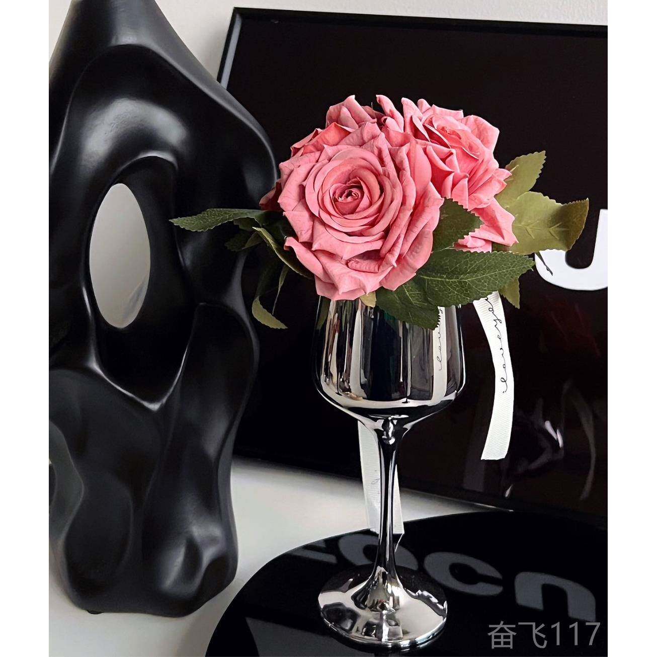 正品轻设计师仿餐真花艺摆件假花客干厅装饰干花奢桌花玫瑰摆酒杯