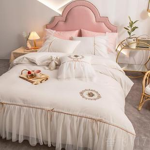 正品 ins公主100床全棉风四件套纯棉红少女心荷叶网边被套裙床上用