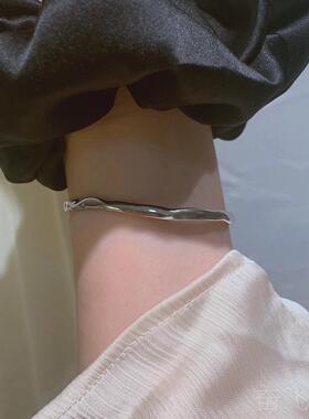 正品Tyusha高级质*冷S92感5纯银锤面手镯好搭配简约表带手淡链3风