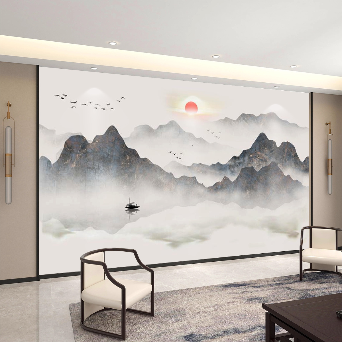 3d立体客厅壁布山水画墙风景画办公室电视背景墙壁纸装饰画壁画图片