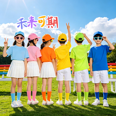 彩色t恤纯棉圆领短袖男女糖果色小学生六年级毕业班服幼儿园套装