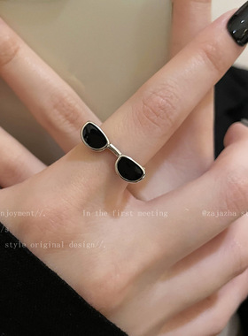 趣味墨镜戒指女开口可调节食指戒嘻哈搞怪设计感网红同款指环