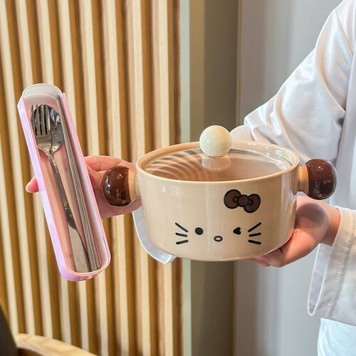 ins高颜值可爱黑皮kt猫咪陶瓷泡面碗带盖学生宿舍方便面碗螺蛳粉